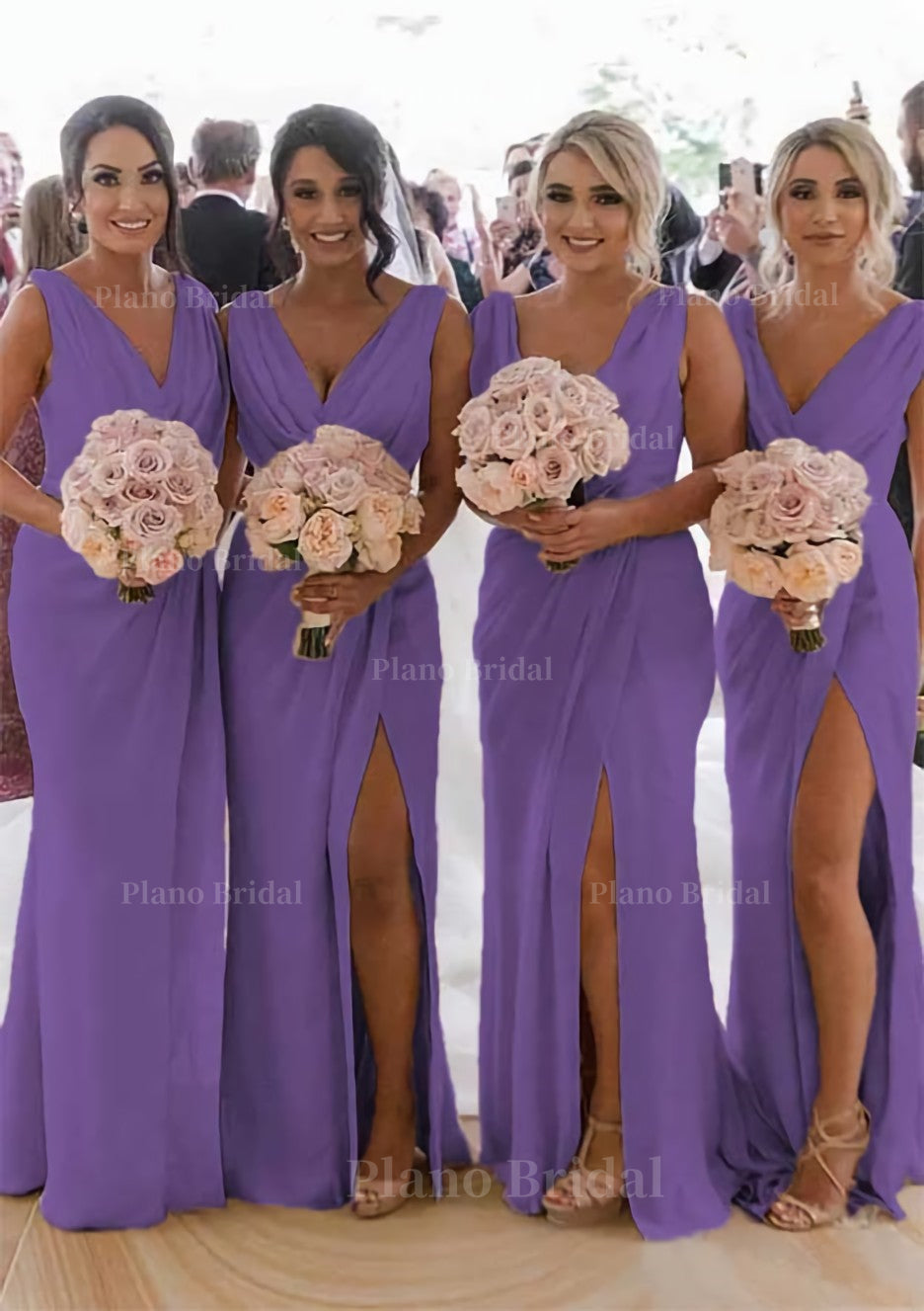 Sheath Column Cowl Neck Sleeveless Chiffon Bridesmaid Dresses With Pleated Split