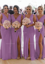 Sheath Column Cowl Neck Sleeveless Chiffon Bridesmaid Dresses With Pleated Split