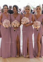 Sheath Column Cowl Neck Sleeveless Chiffon Bridesmaid Dresses With Pleated Split