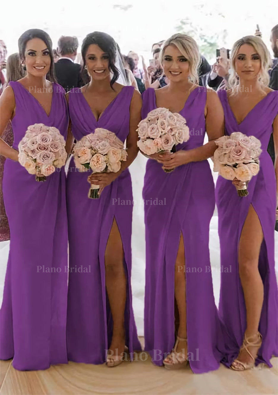 Sheath Column Cowl Neck Sleeveless Chiffon Bridesmaid Dresses With Pleated Split