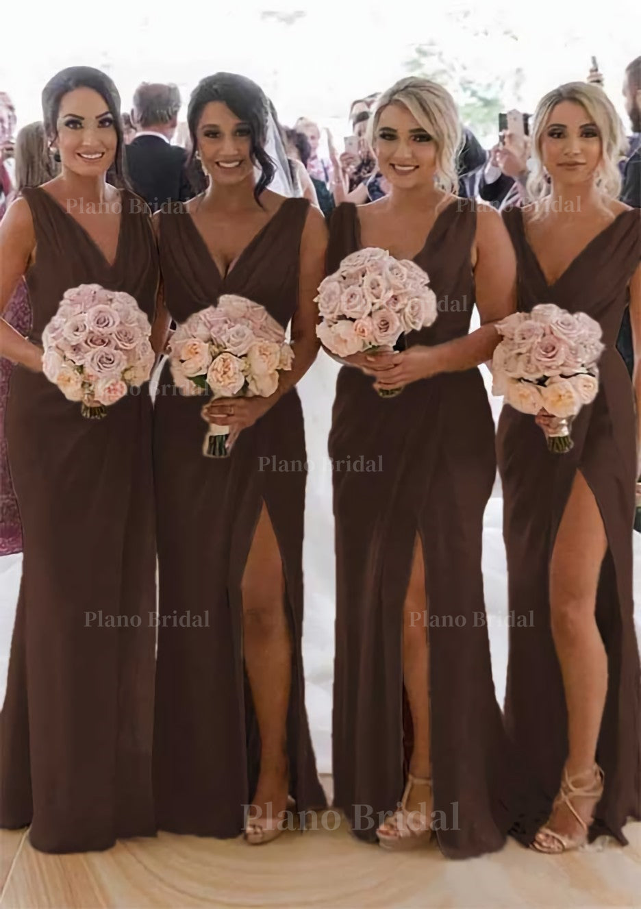 Sheath Column Cowl Neck Sleeveless Chiffon Bridesmaid Dresses With Pleated Split