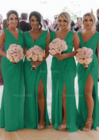 Sheath Column Cowl Neck Sleeveless Chiffon Bridesmaid Dresses With Pleated Split