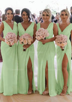 Sheath Column Cowl Neck Sleeveless Chiffon Bridesmaid Dresses With Pleated Split