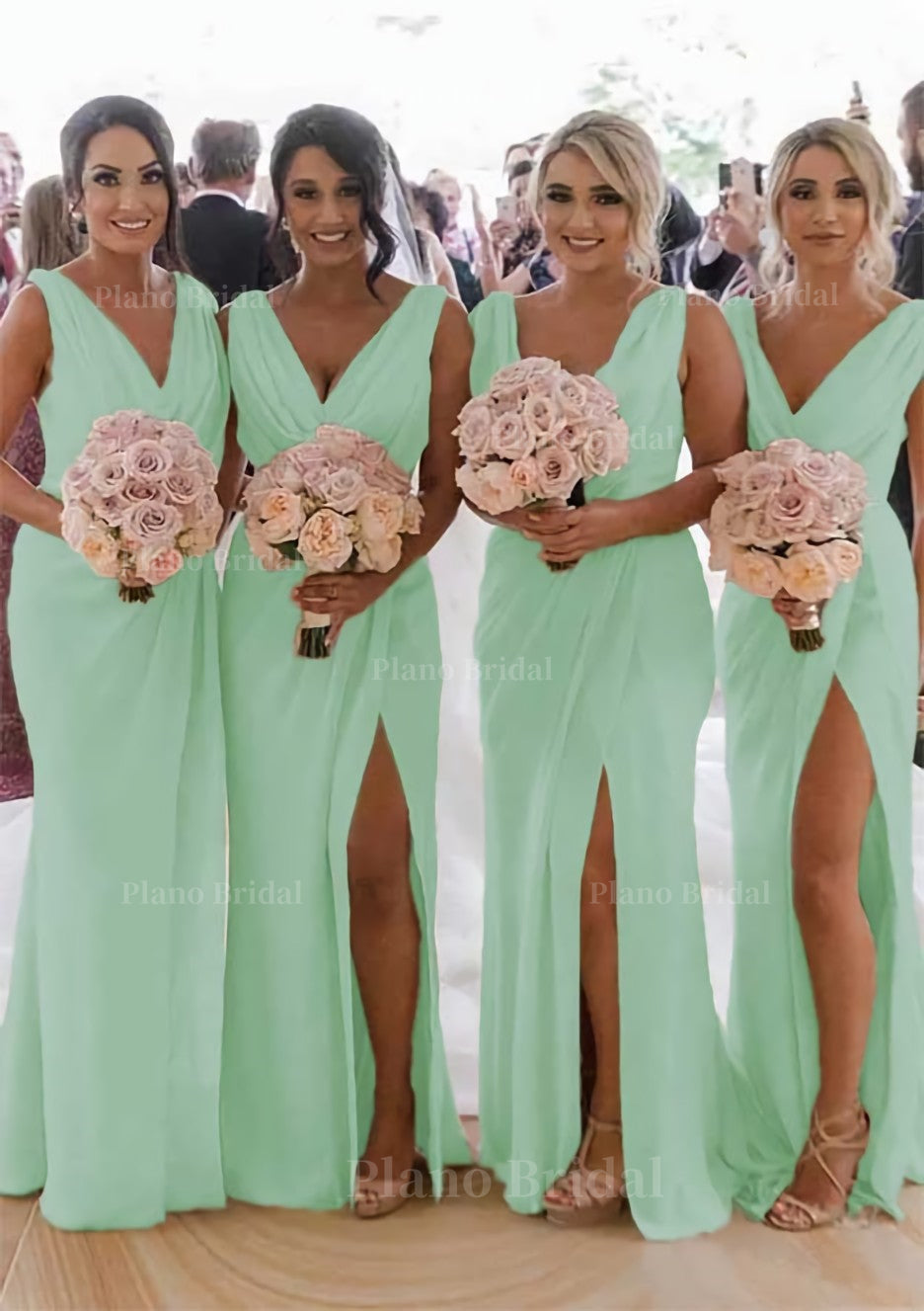 Sheath Column Cowl Neck Sleeveless Chiffon Bridesmaid Dresses With Pleated Split