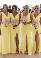 Sheath Column Cowl Neck Sleeveless Chiffon Bridesmaid Dresses With Pleated Split