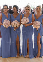 Sheath Column Cowl Neck Sleeveless Chiffon Bridesmaid Dresses With Pleated Split