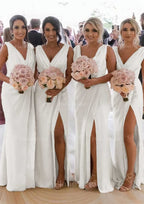 Sheath Column Cowl Neck Sleeveless Chiffon Bridesmaid Dresses With Pleated Split