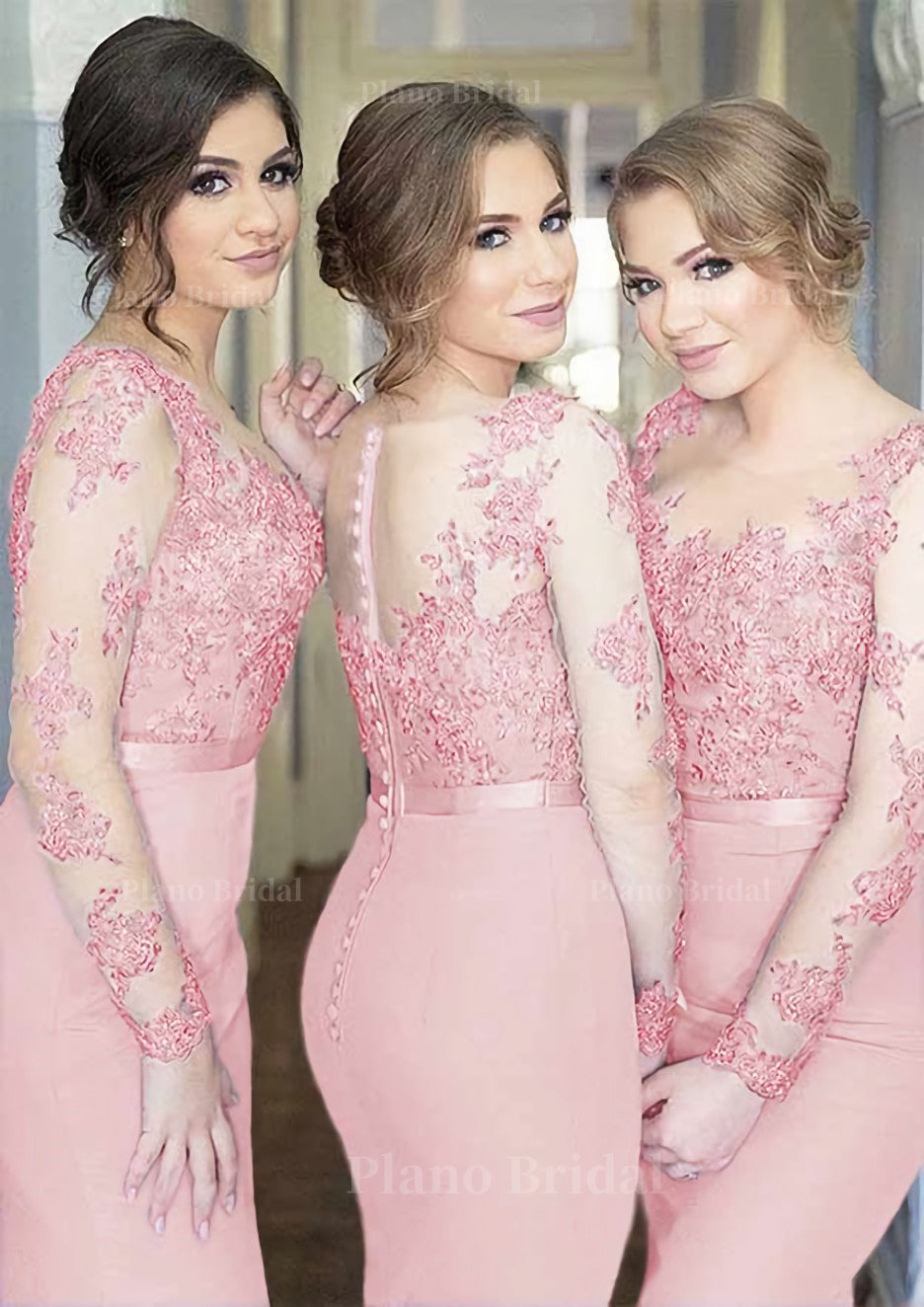 Sheath Column Scoop Neck Full Long Sleeve Long Floor Length Elastic Satin Bridesmaid Dresses With Appliqued