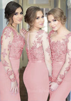 Sheath Column Scoop Neck Full Long Sleeve Long Floor Length Elastic Satin Bridesmaid Dresses With Appliqued