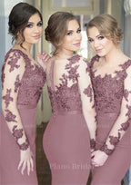 Sheath Column Scoop Neck Full Long Sleeve Long Floor Length Elastic Satin Bridesmaid Dresses With Appliqued