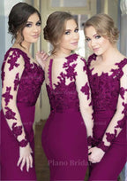 Sheath Column Scoop Neck Full Long Sleeve Long Floor Length Elastic Satin Bridesmaid Dresses With Appliqued