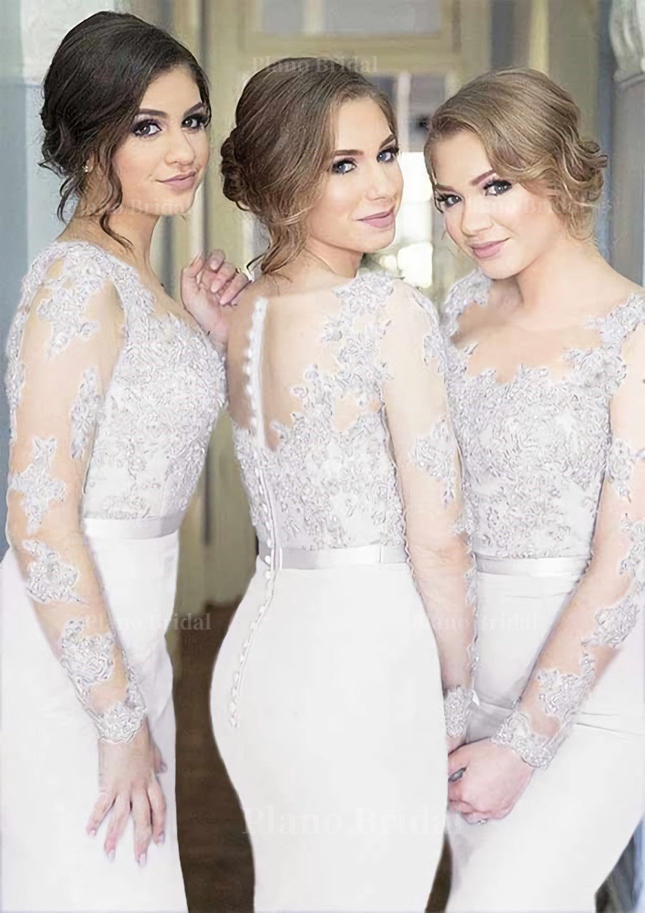 Sheath Column Scoop Neck Full Long Sleeve Long Floor Length Elastic Satin Bridesmaid Dresses With Appliqued