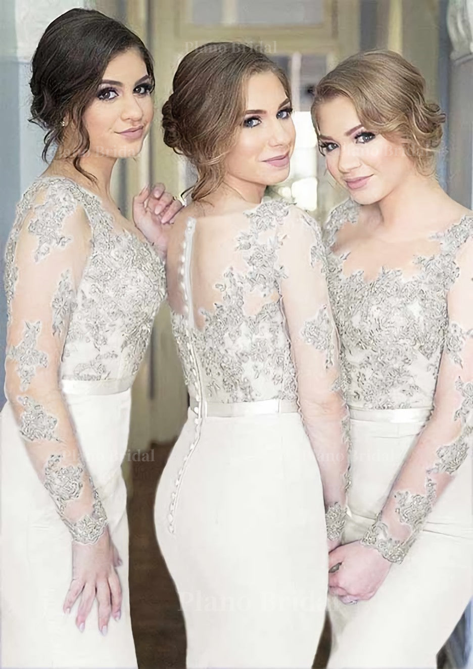 Sheath Column Scoop Neck Full Long Sleeve Long Floor Length Elastic Satin Bridesmaid Dresses With Appliqued