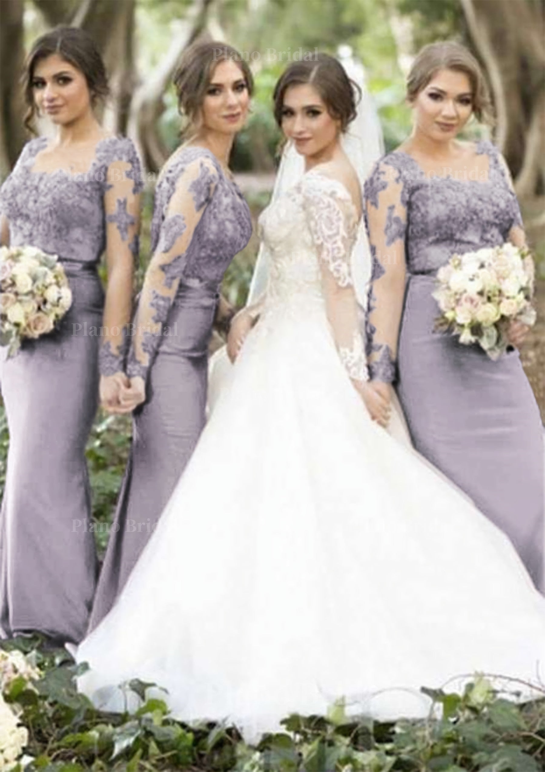 Sheath/Column Scoop Neck Full/Long Sleeve Long/Floor-Length Elastic Satin Bridesmaid Dresses With Appliqued Secondary image