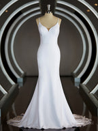 Sheath/Column V-neck Court Train Stretch Crepe Wedding Dresses with Ruffles