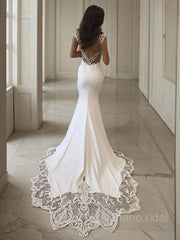 Sheath/Column V-neck Sweep Train Stretch Crepe Wedding Dresses