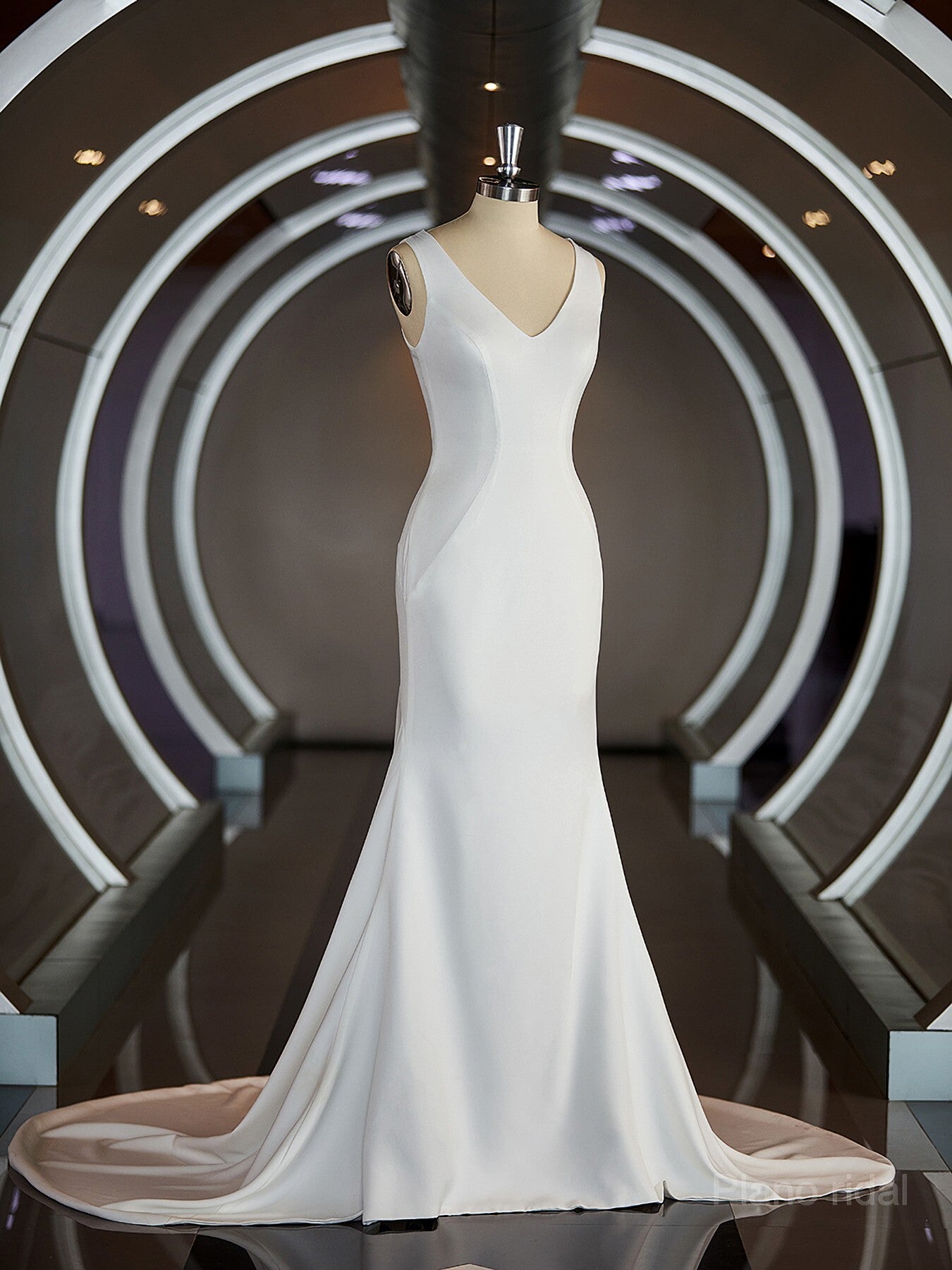 Sheath/Column V-neck Sweep Train Stretch Crepe Wedding Dresses with Ruffles Secondary image