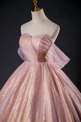 Shiny Tulle Sequins Long Prom Dress, Pink Formal Dress Sweet 16 Dress