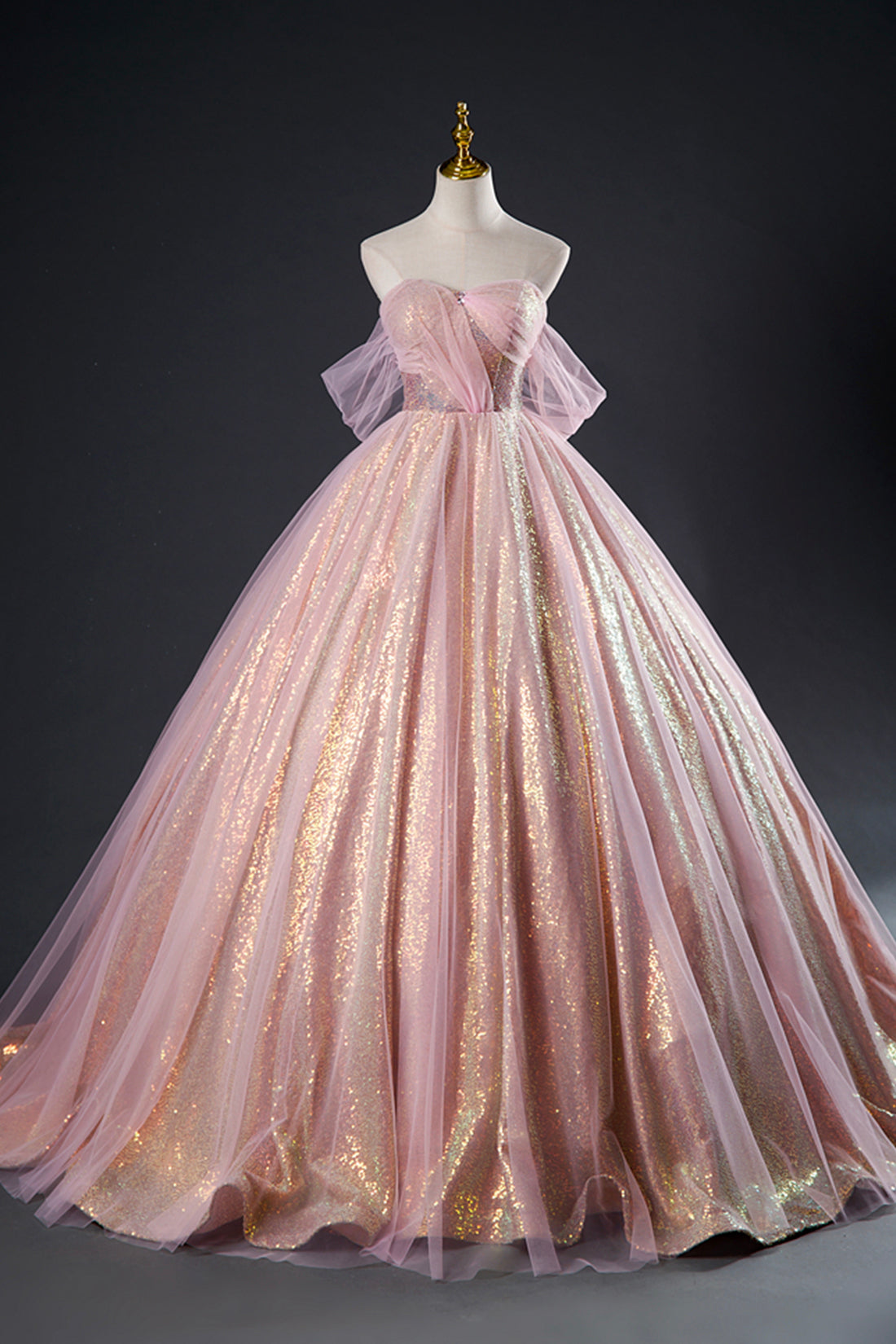 Shiny Tulle Sequins Long Prom Dress, Pink Formal Dress Sweet 16 Dress