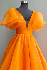Short Sleeves Orange Long Prom Dresses, Orange Long Formal Evening Dresses
