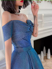 Simple A line Off The Shoulder Blue Prom Dresses Evening Dress