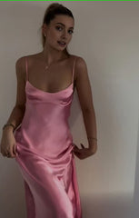 Simple A line Straps Sleeveless Party Dress Silk Satin Pink Prom Dress