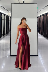 Spaghetti Straps Red Long Prom Dresses,Satin A-Line Evening Gown Long Prom Dress with Slit