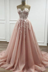Strapless Sweetheart Neck Pink Lace Appliques Long Prom Dress,Floral Formal Dress,Fashion Evening Dresses