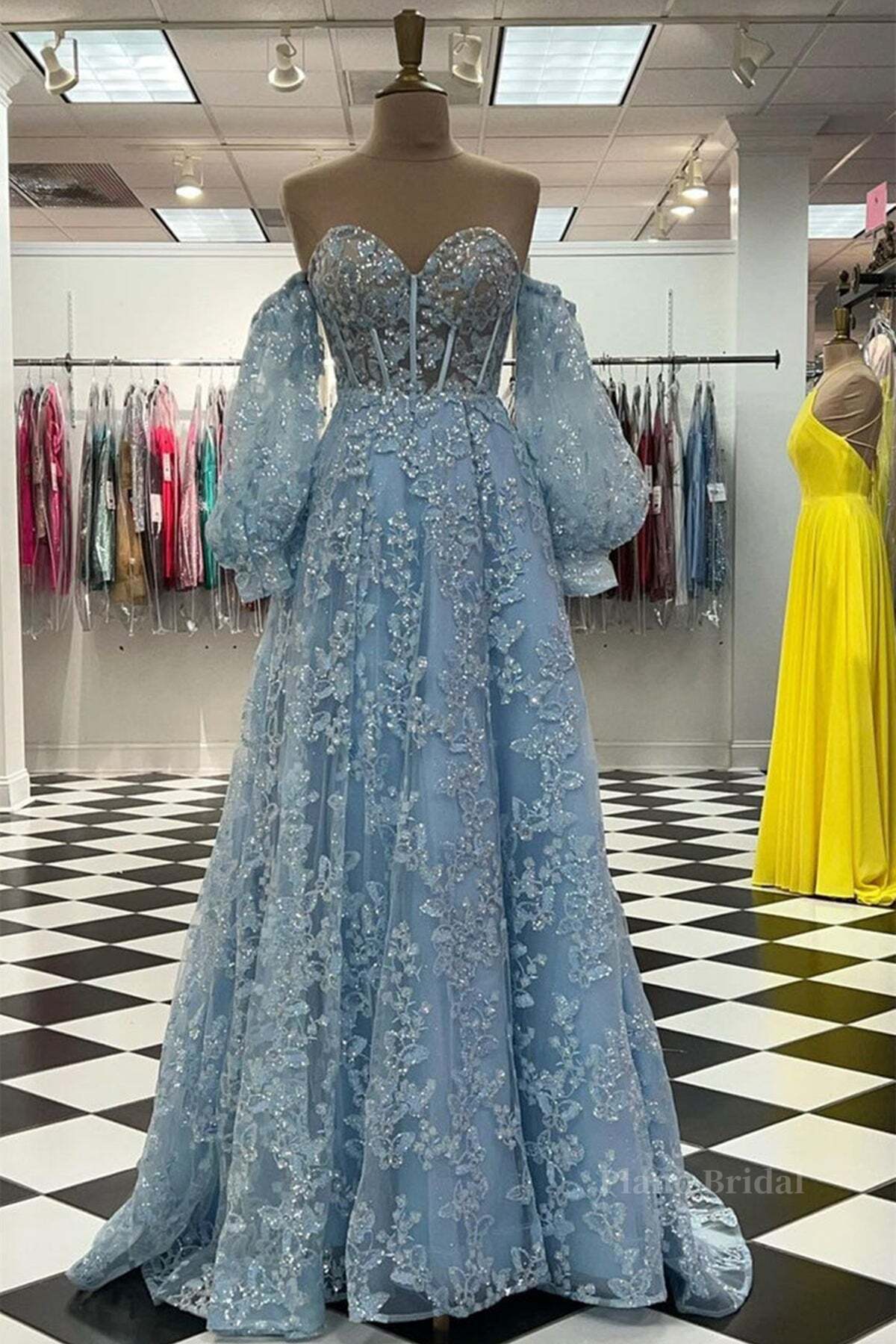 Sweetheart Neck Blue Lace Appliques Long Prom Dress with Long Sleeves, Blue Lace Floral Formal Graduation Evening Dress