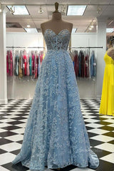 Sweetheart Neck Blue Lace Appliques Long Prom Dress with Long Sleeves, Blue Lace Floral Formal Graduation Evening Dress